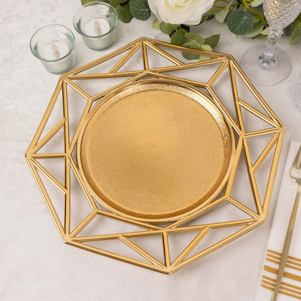 6-Pack Acrylic Charger Plates 13" Octagon Metallic Gold with Hollow Geometric Rim - Plastic Disposable Decorative Chargers
